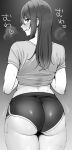  1girl absurdres amano_don ass back bangs blush breasts dolphin_shorts greyscale grin highres long_hair looking_at_viewer looking_back monochrome original shirt short_shorts short_sleeves shorts smile solo thighs translation_request wet 