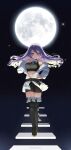  1girl absurdres belt black_nails black_shorts boots breasts colored_inner_hair crop_top floating_stairs full_moon hand_on_hip highres hololive hololive_indonesia jacket large_breasts long_hair midriff moon moona_hoshinova multicolored_hair navel night purple_eyes purple_hair rem_moon shorts starry_hair thigh_boots twitter_username virtual_youtuber white_jacket 