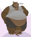  anthro bearwithabroom belly big_belly blush canid canine canis clothed clothing fur male mammal overweight overweight_male simple_background solo wolf 