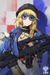  1girl black_choker black_headwear blonde_hair blue-tinted_eyewear blue_jacket braid braided_sidelock chinese_commentary choker english_commentary girls&#039;_frontline gun hat highres jacket long_hair looking_at_viewer military mixed-language_commentary parted_lips rifle single_braid smile solo tinted_eyewear upper_body vhs-d2 vhs_(girls&#039;_frontline) weapon zhan-guo_zang-ge 