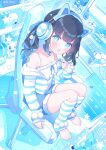  1girl :d animal_ear_headphones animal_ears bag bare_shoulders bendy_straw black_hair blue_eyes blue_hair blue_shorts blush camisole chair commentary_request cup disposable_cup drinking_straw fake_animal_ears food frilled_camisole frills full_body fur-trimmed_shorts fur_trim gradient_hair headphones highres holding holding_food hood hood_down hooded_jacket ikari_(aor3507) indoors jacket keyboard_(computer) knees_up leg_warmers long_hair long_sleeves looking_at_viewer marshmallow monitor mouse_(computer) multicolored_hair off_shoulder office_chair on_chair original short_shorts shorts sitting sleeves_past_wrists smile solo striped striped_jacket striped_leg_warmers twintails white_camisole 
