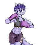  3_horns abs action_pose anthro athletic athletic_anthro athletic_female bone_frill bottomwear boxing_gloves bra breasts ceratopsian cleavage clothed clothing colored crop_top dinosaur ei_art facial_horn female fighting_pose freckles frill_(anatomy) goodbye_volcano_high hair handwear horn long_tail looking_at_viewer midriff multi_horn navel ornithischian pose purple_body purple_eyes purple_hair reptile scalie shirt shorts simple_background smile snoot_game_(fan_game) solo sports_bra topwear triceratops trish_(gvh) underwear 