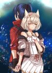  1boy 1girl absurdres animal_ears back-to-back black_hair camisole cat_ears closed_eyes flute grey_hair highres holding holding_hands holding_instrument instrument jacket mio_(xenoblade) nanashinonanani noah_(xenoblade) ponytail red_jacket skirt smile white_camisole white_jacket white_skirt xenoblade_chronicles_(series) xenoblade_chronicles_3 