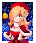  1girl alternate_costume blonde_hair blue_eyes blush breasts cape capelet christmas cleavage dress earrings fur_trim gloves hair_ornament hair_over_one_eye hat highres jewelry long_hair luma_(mario) mario_(series) nonoworks parted_lips red_cape red_dress red_gloves red_headwear rosalina star_(symbol) star_earrings star_hair_ornament super_mario_galaxy upper_body 