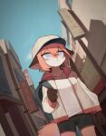  ambiguous_gender anthro backpack blue_eyes bottomwear canid canine city cityscape clothing crayon_(artist) dutch_angle fox fur hi_res hoodie jacket kemono mammal orange_body orange_fur perspective shorts solo street topwear walking young 