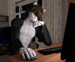  anthro bored chair clothed clothing computer_keyboard computer_mouse domestic_cat felid feline felis fisk_(angry_cat) furniture littlefisky male mammal on_chair sitting sitting_on_chair solo topless 