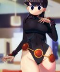  belt black_hair collarbone cosplay covered_navel dc_comics highleg highleg_leotard highres kagato007 komi-san_wa_komyushou_desu komi_shouko leotard long_hair looking_at_viewer no_mouth no_nose patreon_username raven_(dc) raven_(dc)_(cosplay) standing teen_titans thigh_gap thighs 