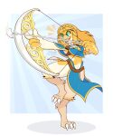  arrow_(weapon) avian beak bird bow_(weapon) breath_of_the_wild clothed clothing digital_media_(artwork) feathers female hair hi_res midriff nintendo princess_zelda ranged_weapon rito simple_background snow_pounder_(artist) solo talons the_legend_of_zelda video_games weapon 
