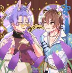  2boys animal_ears brown_eyes brown_hair eiden_(nu_carnival) fingernails flower flower_tattoo fox_boy gem heterochromia jewelry kuya_(nu_carnival) lavender_(flower) leopard_ears leopard_tail looking_at_another male_focus multiple_boys necklace nu_carnival purple_eyes purple_hair round_eyewear ryouma_(888) sharp_fingernails smile tail tattoo yellow_eyes 