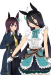  2girls ahoge animal_ears black_hair blush commentary_request cosplay costume_switch gloves hair_between_eyes highres horse_ears horse_girl long_hair manhattan_cafe_(umamusume) manhattan_cafe_(umamusume)_(cosplay) mejiro_dober_(umamusume) mejiro_dober_(umamusume)_(cosplay) multiple_girls necktie nerukichikatafukuma purple_eyes sleeveless textless_version umamusume white_background yellow_eyes 