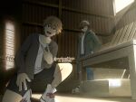  2boys blonde_hair chainsaw_man clone cosiecottage denji_(chainsaw_man) eyepatch green_hoodie grey_hoodie hands_in_pockets highres hood hoodie light_rays looking_at_viewer multiple_boys one_knee open_mouth sharp_teeth shed shirt shoes short_hair shorts smile sneakers table teeth twitter_username v white_shirt 