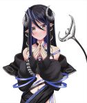  1girl 774_inc. absurdres bangs black_hair black_jacket blue_hair blush brown_eyes caduceus closed_mouth commentary_request curled_horns demon_girl demon_horns demon_tail earrings grey_horns hair_between_eyes hebiyoi_tier highres horns jacket jewelry long_hair long_sleeves looking_at_viewer minyon multicolored_hair navel off_shoulder pointy_ears russian_text simple_background smile snake_bite solo steepled_fingers sugar_lyric tail two-tone_hair upper_body virtual_youtuber white_background 