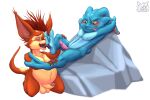  anthro balls blue_body blue_skin blush chua duo feet fennephilim_fox fish fizz_(lol) foot_fetish foot_lick foot_play fur genitals gusho hand_on_leg hands_behind_head kneeling league_of_legends licking looking_at_another looking_at_partner lying male male/male marine multicolored_body multicolored_fur nipples on_back open_mouth penis pink_penis red_body red_fur riot_games rock scar short_tail suckers teeth tentacles toes tongue tongue_out two_tone_body two_tone_fur video_games wildstar yordle 