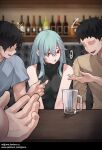  ! 1girl 2boys :o bar_(place) beer_bottle beer_mug black_hair breasts cup faceless faceless_male grey_hair halterneck indoors jjune large_breasts long_hair looking_to_the_side mug multiple_boys original pov short_hair table turtleneck 