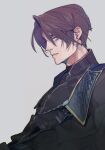  1boy bangs black_jacket blue_eyes brown_hair earrings facing_to_the_side final_fantasy final_fantasy_viii grey_background highres jacket jewelry leaning_back looking_at_viewer male_focus military military_uniform nini_tw99 official_alternate_costume parted_bangs scar scar_on_face scar_on_forehead school_uniform seed_uniform_(ff8) short_hair single_earring solo squall_leonhart uniform upper_body 