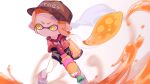  1girl bandaid bandaid_on_head bangs black_shorts black_sleeves blurry brown_headwear dashing depth_of_field frown hat highres holding holding_water_gun ink_tank_(splatoon) inkling inkling_girl long_hair long_sleeves looking_to_the_side mikoshiba_m orange_hair pink_footwear pointy_ears red_shirt shirt shoes short_shorts short_sleeves shorts sneakers splatoon_(series) tentacle_hair v-shaped_eyebrows water_gun yellow_eyes 