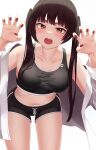  1girl :o absurdres apple_ringo bare_shoulders black_hair black_shorts black_sports_bra breasts claw_pose collarbone cowboy_shot crop_top drawstring fangs frown hands_up highres jacket large_breasts leaning_forward long_hair long_sleeves looking_at_viewer midriff nail_polish navel off_shoulder open_clothes open_jacket open_mouth original red_eyes red_nails short_shorts shorts sleeveless solo sports_bra standing stomach taut_clothes thick_eyebrows thighs twintails v-shaped_eyebrows white_jacket 