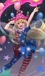  1girl :d absurdres american_flag_dress american_flag_legwear blonde_hair blush clownpiece daweykun dress fairy fairy_wings feet_out_of_frame hat highres holding holding_torch jester_cap long_hair open_mouth pantyhose pink_eyes pink_headwear polka_dot polka_dot_headwear smile solo star_(symbol) star_print striped striped_dress striped_pantyhose torch touhou twitter_username v wings 