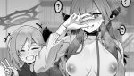  2girls :d ? blue_archive blush bow breasts character_request collar collarbone covering_face greyscale hair_bow halo horns jjune leash long_hair monochrome multiple_girls nipples open_clothes open_shirt short_hair smile sweat v 
