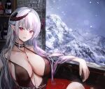  1girl absurdres bare_shoulders bathing between_breasts black_choker breasts choker cleavage collarbone covered_nipples dana_(hapong07) demon_horns earrings highres horns jewelry large_breasts long_hair looking_at_viewer necklace original parted_lips pointy_ears red_eyes red_wine see-through sidelocks snowing solo spaghetti_strap strap_slip white_hair winter 