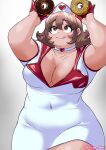  1girl absurdres akina_bbw artist_name bangs breasts brown_hair choker closed_mouth commentary_request covered_navel cowboy_shot doughnut dress food gloves hat heart highres large_breasts long_hair nurse_cap original plump red_eyes shiny shiny_hair short_sleeves solo thick_arms thick_thighs thighs tongue tongue_out twitter_username white_dress 