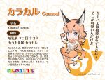  1girl animal_ear_fluff animal_ears blue_eyes bow bowtie caracal_(kemono_friends) cat_ears cat_girl cat_tail elbow_gloves extra_ears gloves highres kemono_friends kneehighs long_hair looking_at_viewer official_art open_mouth orange_hair shirt shoes simple_background skirt sleeveless sleeveless_shirt smile socks solo tail yoshizaki_mine 