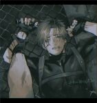  2boys bangs black_gloves black_shirt blood blood_on_face brown_hair chain-link_fence fence fingerless_gloves gloves harness holding_another&#039;s_wrist injury jack_krauser katou_teppei leon_s._kennedy looking_at_viewer lying male_focus multiple_boys on_back open_mouth parted_bangs resident_evil resident_evil_4 shirt short_hair short_sleeves sweat toned toned_male twitter_username upper_body yaoi 