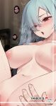  1girl :o blush breasts collarbone fanbox_username grey_hair half-closed_eyes highres implied_sex indoors jjune large_breasts long_hair navel nipples nude original red_eyes spread_legs sweat twitching 