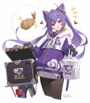  1girl :o absurdres alternate_costume bag bicycle bilibili_xiaolu black_gloves brown_pantyhose cone_hair_bun double_bun genshin_impact gloves ground_vehicle hair_bun hair_ornament highres holding holding_bag jacket keqing_(genshin_impact) long_hair long_sleeves looking_at_viewer multicolored_clothes multicolored_jacket pantyhose pixiv_username purple_eyes purple_hair purple_jacket simple_background twintails two-tone_jacket white_background white_jacket 