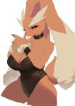  anthro big_breasts big_ears black_clothing black_leotard black_nails black_sclera breasts brown_body brown_fur choker cigarette cleavage clothed clothing collar colored_nails cuffs_(clothing) eyebrows eyelashes female fur generation_4_pokemon hi_res jewelry leotard lighter long_eyelashes lopunny nails necklace nintendo pink_eyes pokemon pokemon_(species) simple_background smoking solo thick_eyebrows thick_thighs video_games white_background woobin94 