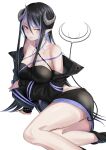  1girl 774_inc. absurdres arm_under_breasts bangs black_hair black_jacket black_skirt black_tube_top blue_hair blush breasts closed_mouth commentary_request curled_horns demon_girl demon_horns demon_tail feet_out_of_frame grey_horns hair_between_eyes hebiyoi_tier highres horns jacket large_breasts long_hair looking_at_viewer lying off_shoulder on_side pointy_ears red_eyes sankyo_(821-scoville) simple_background skirt smile snake_bite solo strapless sugar_lyric tail transparent_background tube_top very_long_hair virtual_youtuber 