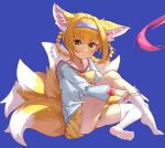  1girl animal_ear_fluff animal_ears arknights blonde_hair blue_hairband body_fur feet flower fox_ears fox_girl fox_tail furry furry_female fuse_tail green_eyes hairband highres kyuubi lily_of_the_valley looking_at_viewer medium_hair multiple_tails no_shoes socks soles suzuran_(arknights) tail ulrica.h 