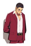  1boy :s arms_behind_back beard black_hair blush character_request cho_(chorion) collared_shirt copyright_request cropped_legs crying crying_with_eyes_open eyebrow_cut facial_hair formal highres looking_down male_focus mature_male nose_blush partially_unbuttoned pectoral_cleavage pectorals red_suit sad shirt short_hair solo suit tears thick_eyebrows undercut white_background 