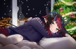  1girl 774_inc. alternate_costume bangs black_hair blue_eyes blush breasts christmas_tree city_lights closed_mouth commentary demon_girl demon_horns demon_tail earrings highres horns indoors jewelry large_breasts looking_at_viewer lying multicolored_hair on_bed on_stomach pillow pointy_ears pov_across_bed purple_sweater red_hair red_skirt ryugasaki_rene short_hair skirt smile snowing solo stud_earrings sugar_lyric sweater symbol-only_commentary tail two-tone_hair virtual_youtuber zono_(inokura_syuzo029) 