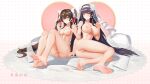  2girls absurdres bangs bare_legs bare_shoulders barefoot black_hair blush breasts bridal_veil brown_hair closed_mouth collarbone earrings feet flower full_body girls&#039;_frontline hair_flower hair_ornament hair_ribbon hairband heart heart-shaped_pupils hebai_xiaochuan highres jewelry large_breasts legs lips long_hair looking_at_viewer medium_breasts multiple_girls nail_polish necklace nipples no_shoes nude official_alternate_costume on_floor pink_nails pussy red_ribbon ribbon ring simple_background sitting smile soles symbol-shaped_pupils thighs toes type_95_(girls&#039;_frontline) type_95_(prairie_gentian_and_her_season)_(girls&#039;_frontline) type_97_(girls&#039;_frontline) type_97_(prayers_in_the_wind)_(girls&#039;_frontline) veil very_long_hair wedding_ring white_hairband white_ribbon white_veil yellow_eyes 