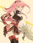  1girl alternate_costume axe bangs bare_shoulders black_skirt black_thighhighs blunt_bangs breasts cat_ear_hairband cleavage_cutout clothing_cutout cowboy_shot detached_sleeves earrings fire_emblem fire_emblem:_three_houses gloves highres hilda_valentine_goneril holding holding_axe holding_weapon jewelry large_breasts long_hair long_sleeves looking_to_the_side pink_eyes pink_hair ponytail puffy_long_sleeves puffy_sleeves red_gloves skirt solo talesofmea thighhighs weapon yellow_background zettai_ryouiki 