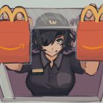  1boy 1girl bangs black_hair black_shirt chainsaw_man collared_shirt drive-thru earpiece employee_uniform eyepatch fast_food fast_food_uniform happy_meal hayakawa_aki highres himeno_(chainsaw_man) liowig looking_at_viewer mcdonald&#039;s meme shirt short_hair smile uniform visor_cap window 