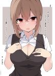  1girl black_vest breasts brown_eyes brown_hair cleavage collared_shirt highres looking_at_viewer open_mouth original partially_unbuttoned sakakiba_misogi shirt solo upper_body vest white_shirt 