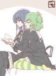  2girls antenna_hair artist_name assault_lily bangs bed black_hair black_ribbon black_skirt black_thighhighs book breasts brown_background buttons closed_eyes commentary cropped_jacket crossed_legs frilled_skirt frills from_side gochisousama_(tanin050) green_hair green_thighhighs hair_between_eyes hair_ribbon hands_up head_on_another&#039;s_shoulder heads_together high-waist_skirt highres holding holding_book hug hug_from_behind interlocked_fingers juliet_sleeves large_breasts leg_ribbon light_blush long_hair long_sleeves looking_at_object looking_down miniskirt multicolored_thighhighs multiple_girls no_shoes on_bed open_book open_mouth own_hands_together parted_lips profile puffy_sleeves purple_eyes reading ribbon school_uniform shirai_yuyu shirt short_hair sidelocks sitting skirt striped striped_thighhighs thigh_ribbon thighhighs two-tone_background two_side_up wariza white_background white_shirt yellow_ribbon yellow_thighhighs yoshimura_thi_mai yuri yurigaoka_girls_academy_school_uniform zettai_ryouiki 
