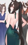  3girls air_groove_(umamusume) animal_ears back backless_dress backless_outfit bare_arms bare_back bare_shoulders black_dress black_hair blue_dress blue_eyes blush brown_hair commentary_request crossed_arms dress duplicate from_behind green_dress grey_background hair_between_eyes hayabusa highres hip_vent horse_ears horse_girl horse_tail jewelry long_hair looking_at_viewer looking_back multicolored_hair multiple_girls necklace parted_lips partially_unzipped pixel-perfect_duplicate ponytail red_eyes signature sirius_symboli_(umamusume) solo_focus streaked_hair symboli_rudolf_(umamusume) tail tail_through_clothes umamusume very_long_hair 