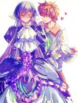  2boys :d ^_^ amatu_trabajo bishounen black_hair blush brown_hair closed_eyes code_geass crossdressing dress frown heart highres kururugi_suzaku lelouch_lamperouge male_focus multiple_boys purple_dress school_uniform serafuku short_hair smile standing white_background yaoi 