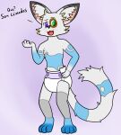  anthro blue_spots canid canine clothed clothing contact_lenses diaper dominic_(fennecat) felid feline fennec fennecat_(artist) fox fur grey_body grey_fur hi_res hybrid male mammal solo spanish_text spots text wearing_diaper yellow_spots 
