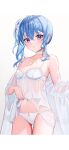  1girl babydoll bangs bare_shoulders blue_eyes blue_hair blue_nails blush breasts choker closed_mouth collarbone cropped_legs dress earrings hair_between_eyes highres hololive hoshimachi_suisei jewelry lingerie long_hair looking_at_viewer midriff navel nightgown panties ribbon sanada_keisui see-through side_ponytail skirt_hold small_breasts solo star_(symbol) star_earrings star_in_eye symbol_in_eye thigh_gap thighs underwear virtual_youtuber white_background white_panties 