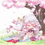  1girl cherry_blossoms chibi colored_tips full_body japanese_clothes long_hair multicolored_hair official_art onmyoji pink_hair shiki_(onmyoji) sleeping very_long_hair white_hair 