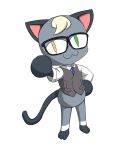  :3 animal_crossing anthro blonde_hair domestic_cat eyewear felid feline felis fur glasses grey_body grey_fur hair humor looking_at_viewer male mammal meme neco-arc nintendo raymond_(animal_crossing) simple_background solo unknown_artist video_games white_background 