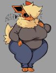  &lt;3 anthro big_breasts black_sclera blonde_hair bottomwear breasts clothing eeveelution english_text female flareon generation_1_pokemon hair hi_res huge_breasts huge_hips huge_thighs lewd_dorky neck_tuft nintendo orange_body pants pokemon pokemon_(species) shirt solo text thick_thighs topwear tuft video_games white_eyes wide_hips 