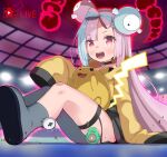  1girl absurdres black_choker blue_hair bow-shaped_hair character_hair_ornament choker giant giantess gigantamax gigantamax_pikachu grey_pantyhose hair_ornament highres iono_(pokemon) jacket long_hair looking_at_viewer multicolored_hair open_mouth oversized_clothes pantyhose pikachu pink_eyes pink_hair pokemon pokemon_(creature) pokemon_(game) pokemon_sv red_clouds sharp_teeth single_leg_pantyhose siragagaga sitting sleeves_past_fingers sleeves_past_wrists smile stadium teeth thigh_strap two-tone_hair very_long_hair yellow_jacket 