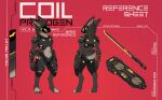  2022 4_toes 5_fingers anthro armor digitigrade english_text feet fingers hi_res machine male melee_weapon model_sheet protogen simple_background solo standing sword text toes wao_art weapon 