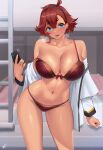  1girl bangs bare_shoulders bed black_hairband blue_eyes blush bra breasts cellphone cleavage collarbone commentary_request gundam gundam_suisei_no_majo hairband highres holding holding_phone kisaragi_tsurugi large_breasts long_sleeves looking_at_viewer navel off_shoulder panties parted_lips phone red_bra red_hair red_panties signature smartphone smile solo suletta_mercury thighs underwear 