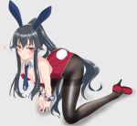  1girl animal_ears bangs black_hair black_pantyhose blush boots breasts closed_mouth collar commentary_request fake_animal_ears fake_tail hair_between_eyes high_heel_boots high_heels kantai_collection leotard long_hair medium_breasts necktie nitamako_(sakamalh) pantyhose playboy_bunny ponytail rabbit_ears red_eyes red_footwear red_leotard scrunchie sidelocks simple_background smile solo tail thighband_pantyhose white_background white_necktie wrist_cuffs yahagi_(kancolle) 